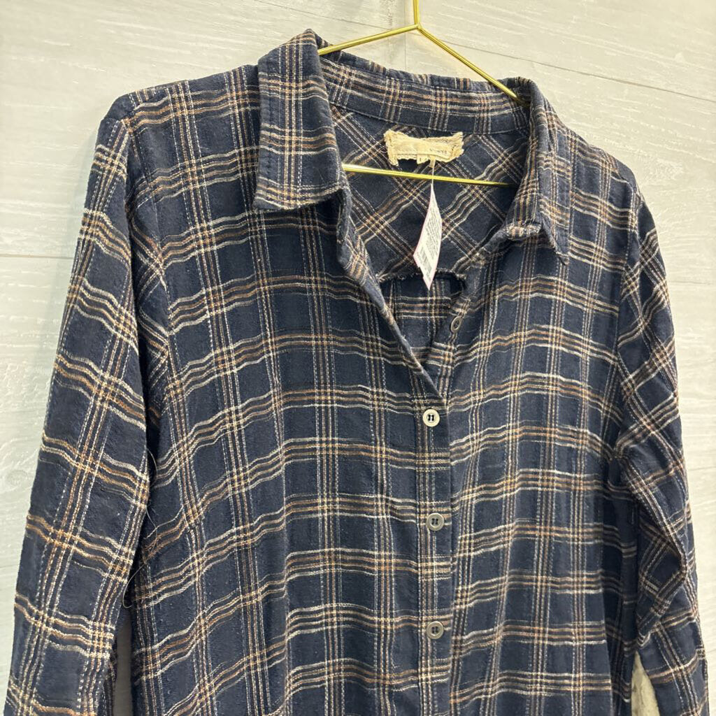 A'reve Navy/ Brown Plaid/ Striped Patchwork Tunic Button Down Top Large