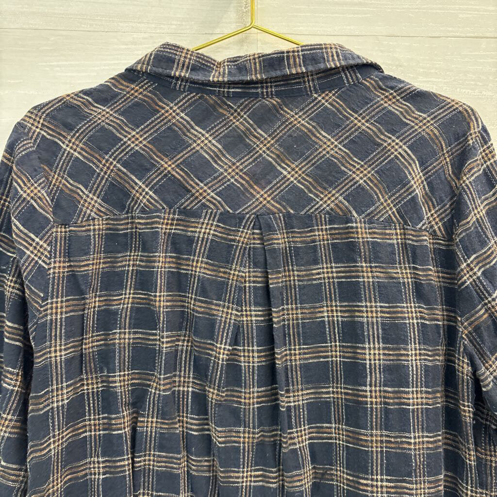 A'reve Navy/ Brown Plaid/ Striped Patchwork Tunic Button Down Top Large