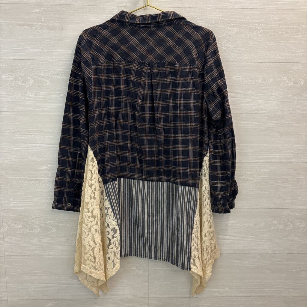 A'reve Navy/ Brown Plaid/ Striped Patchwork Tunic Button Down Top Large