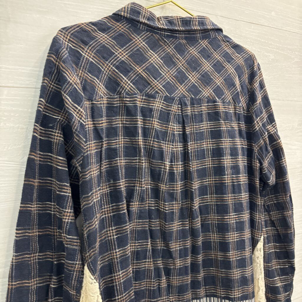 A'reve Navy/ Brown Plaid/ Striped Patchwork Tunic Button Down Top Large