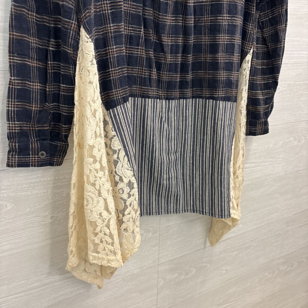 A'reve Navy/ Brown Plaid/ Striped Patchwork Tunic Button Down Top Large