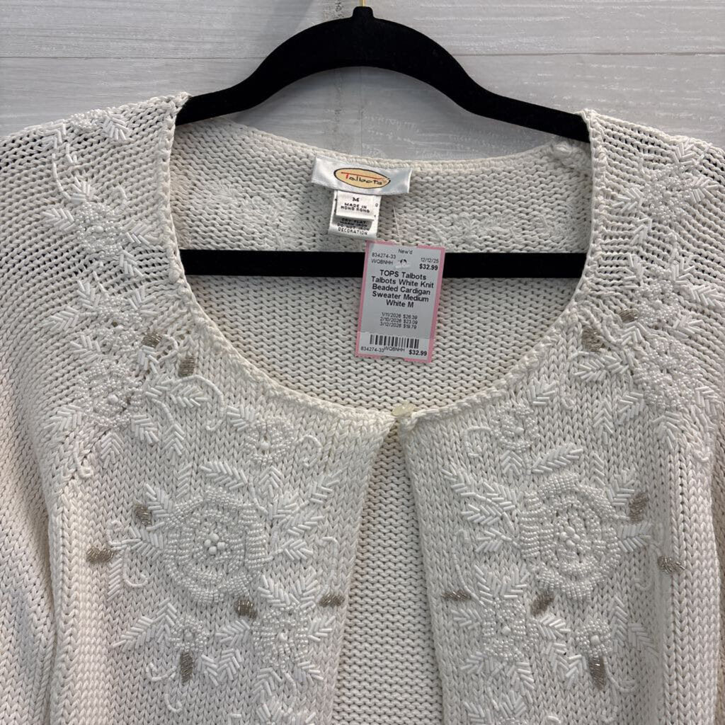 Talbots White Knit Beaded Cardigan Sweater Medium