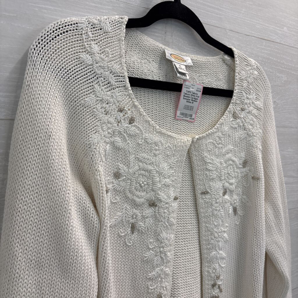 Talbots White Knit Beaded Cardigan Sweater Medium