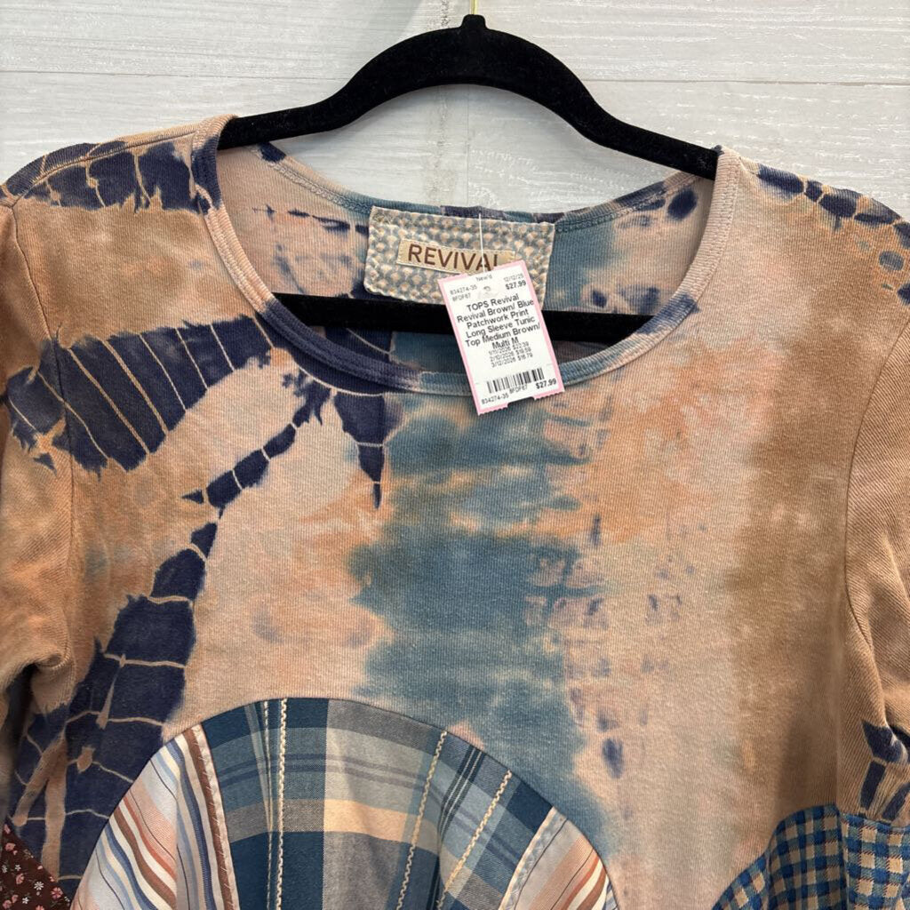 Revival Brown/ Blue Patchwork Print Long Sleeve Tunic Top Medium