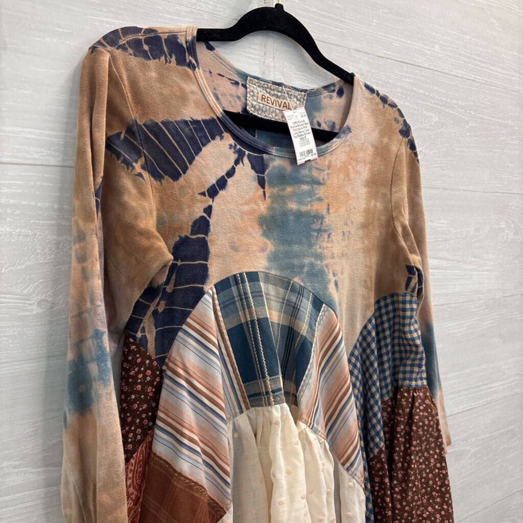 Revival Brown/ Blue Patchwork Print Long Sleeve Tunic Top Medium
