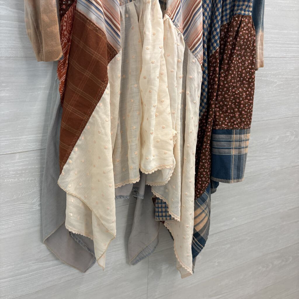 Revival Brown/ Blue Patchwork Print Long Sleeve Tunic Top Medium