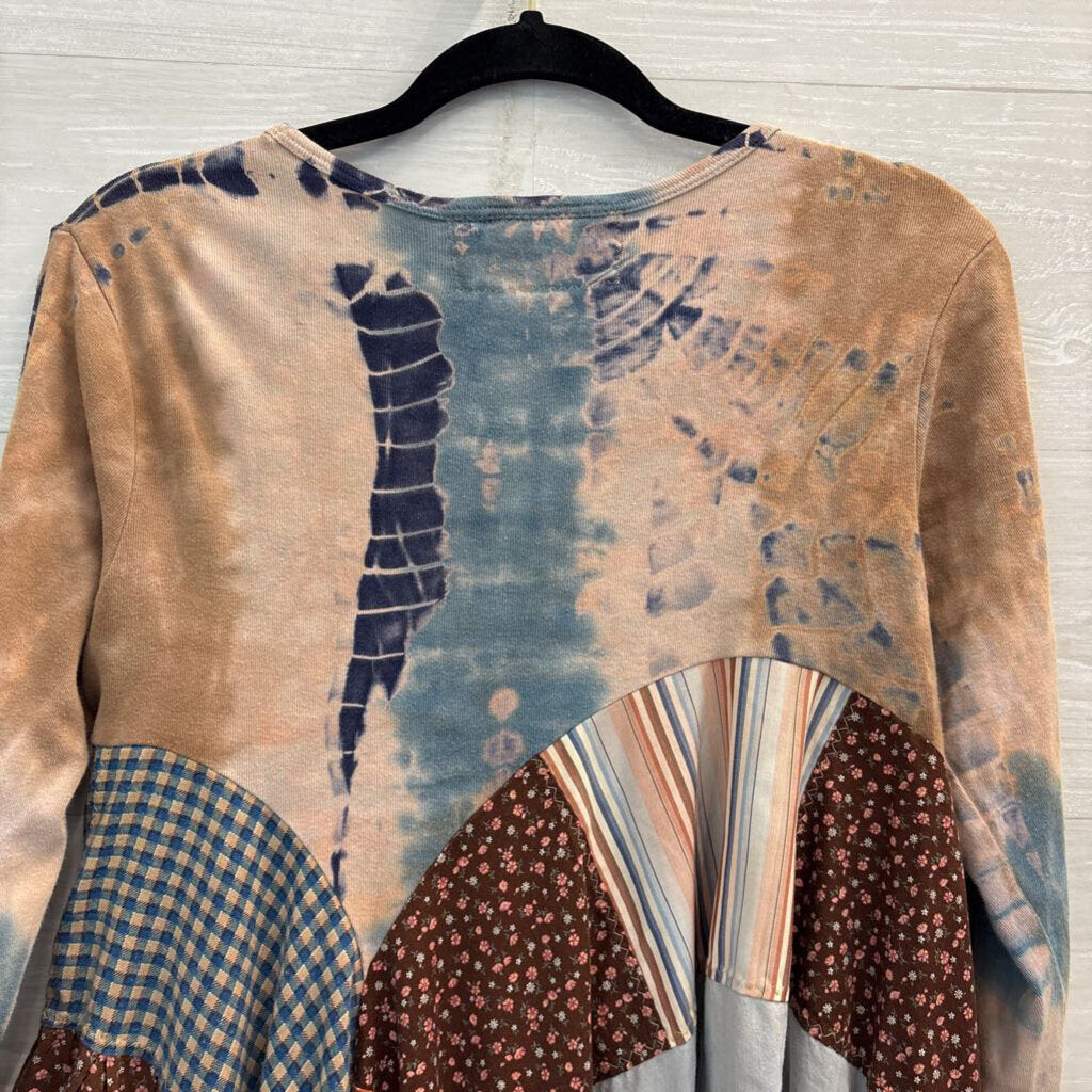 Revival Brown/ Blue Patchwork Print Long Sleeve Tunic Top Medium