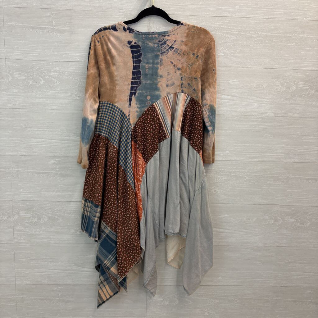 Revival Brown/ Blue Patchwork Print Long Sleeve Tunic Top Medium