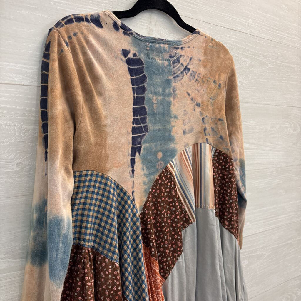 Revival Brown/ Blue Patchwork Print Long Sleeve Tunic Top Medium