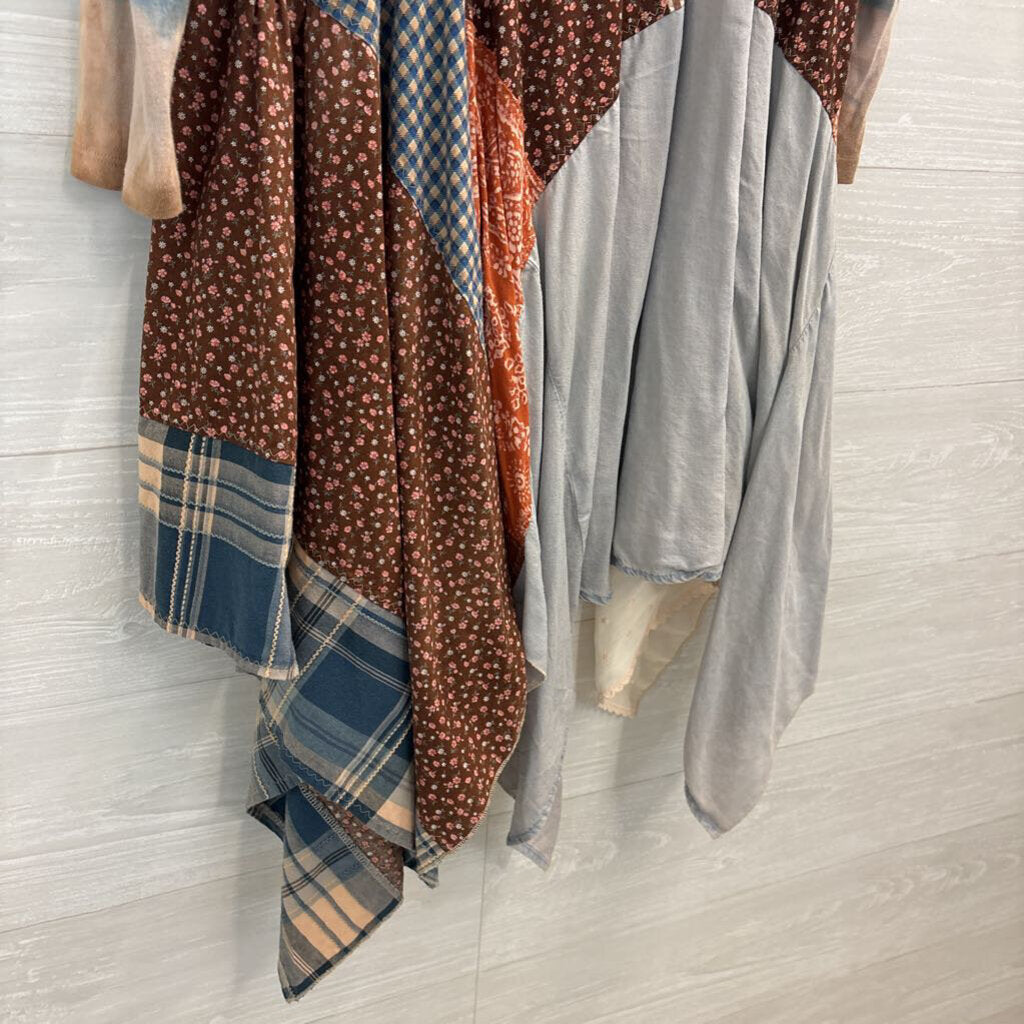 Revival Brown/ Blue Patchwork Print Long Sleeve Tunic Top Medium