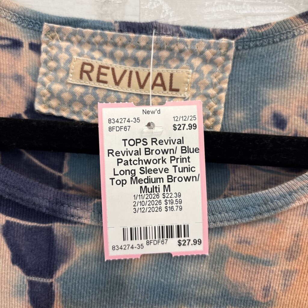 Revival Brown/ Blue Patchwork Print Long Sleeve Tunic Top Medium