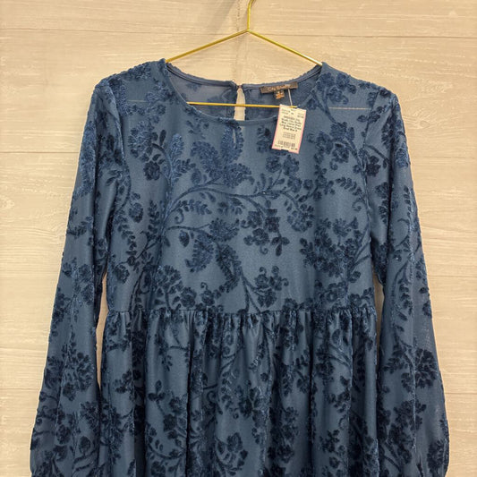 City Studio Blue Velvet Print Long Sleeve Dress Small