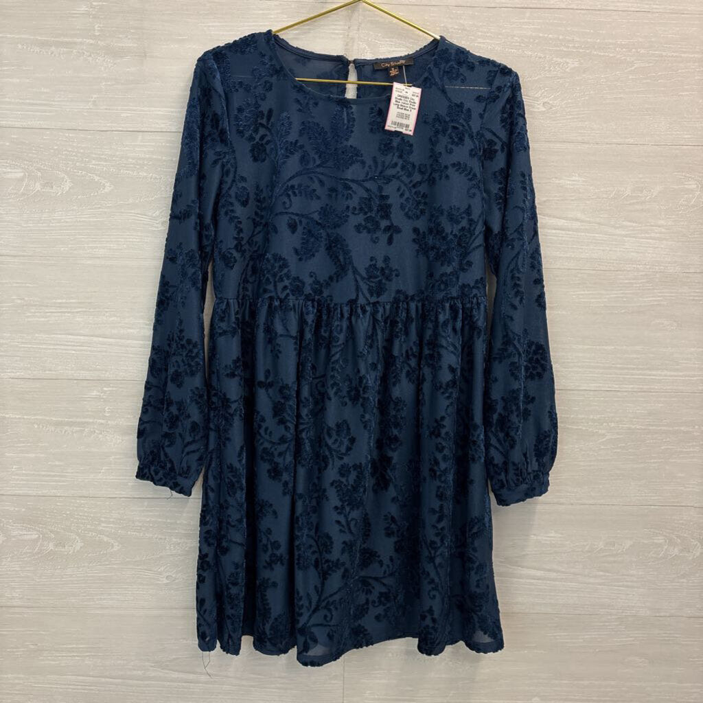 City Studio Blue Velvet Print Long Sleeve Dress Small