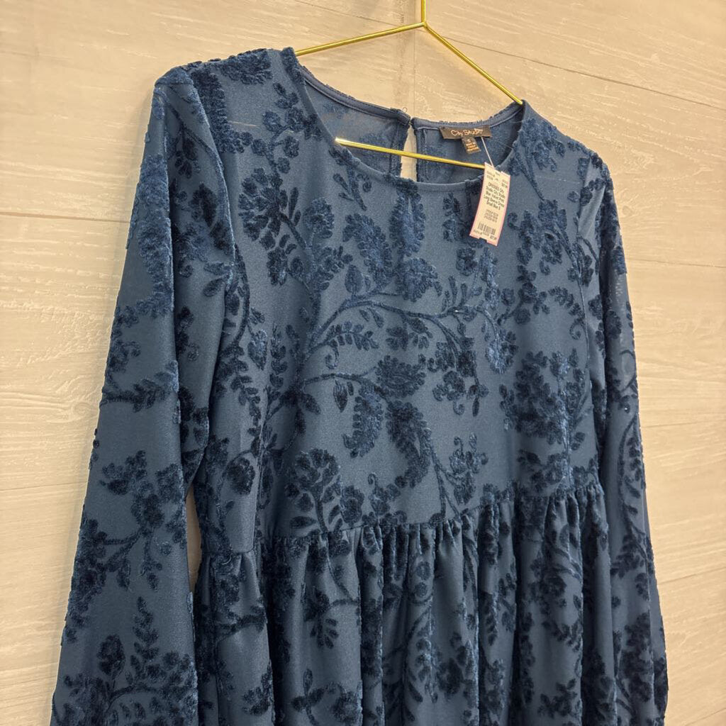 City Studio Blue Velvet Print Long Sleeve Dress Small