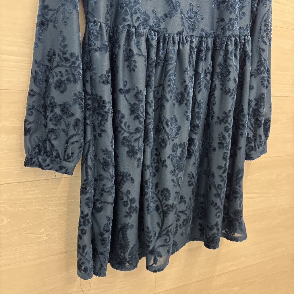 City Studio Blue Velvet Print Long Sleeve Dress Small