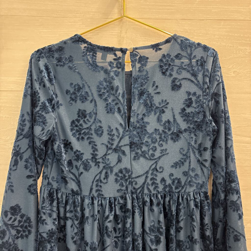 City Studio Blue Velvet Print Long Sleeve Dress Small