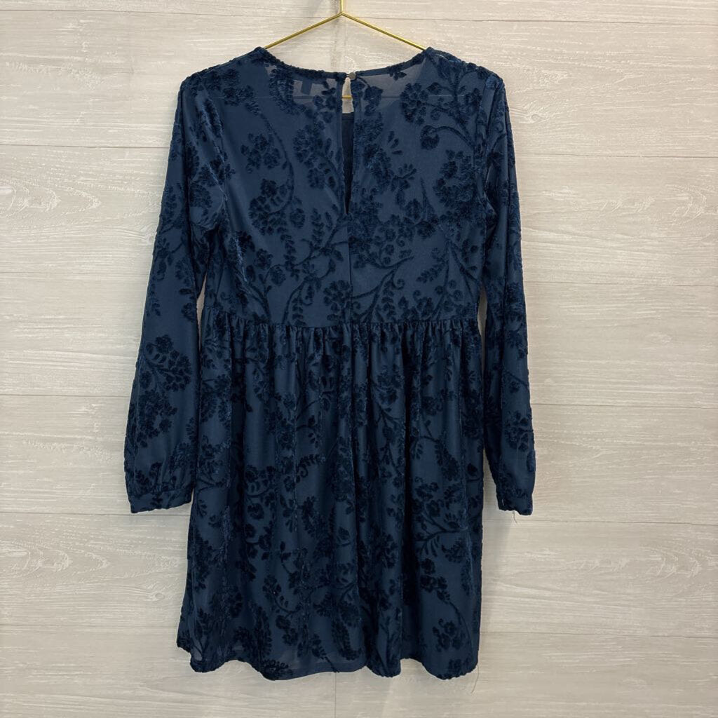City Studio Blue Velvet Print Long Sleeve Dress Small