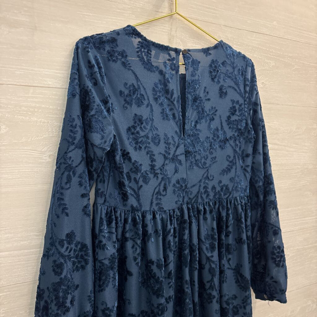 City Studio Blue Velvet Print Long Sleeve Dress Small