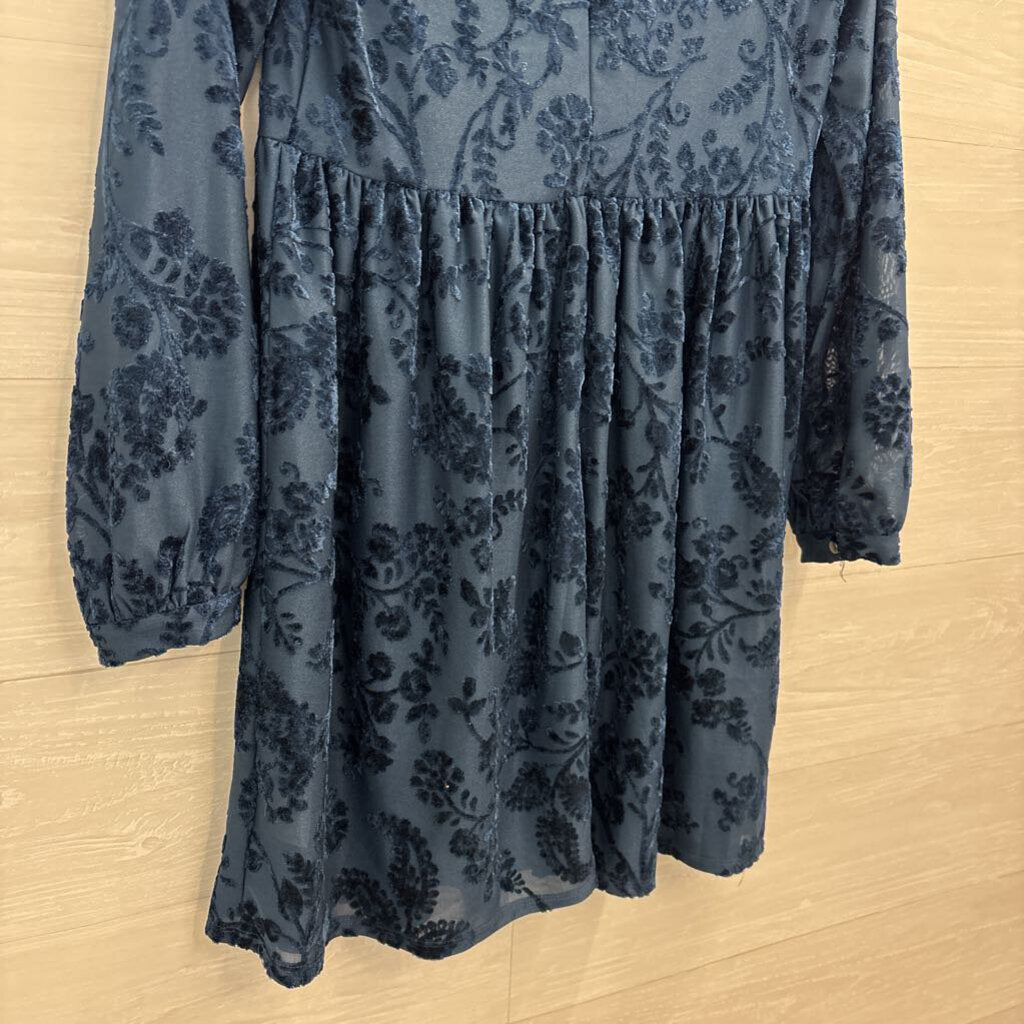City Studio Blue Velvet Print Long Sleeve Dress Small
