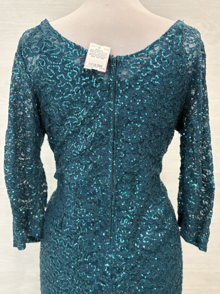 Marina Teal Sequin Lace Long Sleeve Short Formal Dress 20W