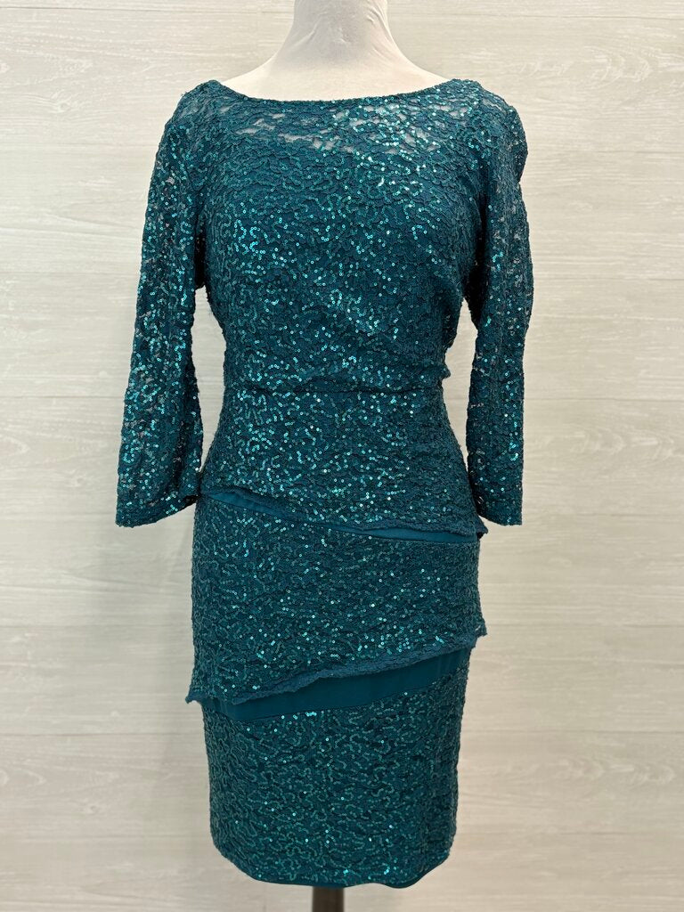 Marina Teal Sequin Lace Long Sleeve Short Formal Dress 20W