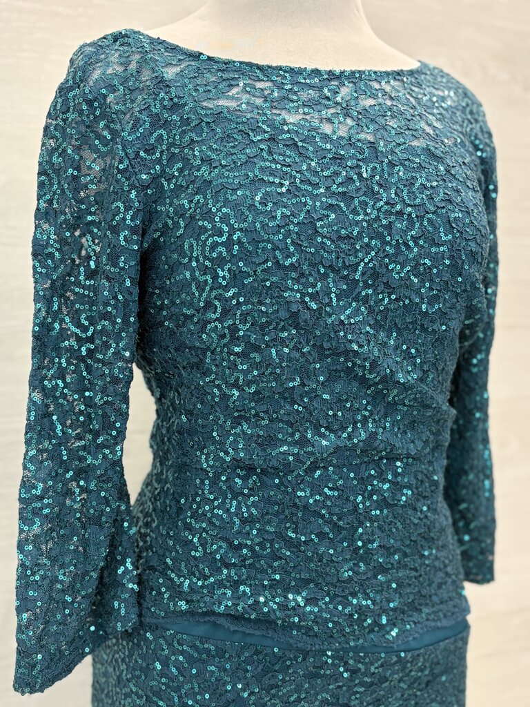 Marina Teal Sequin Lace Long Sleeve Short Formal Dress 20W