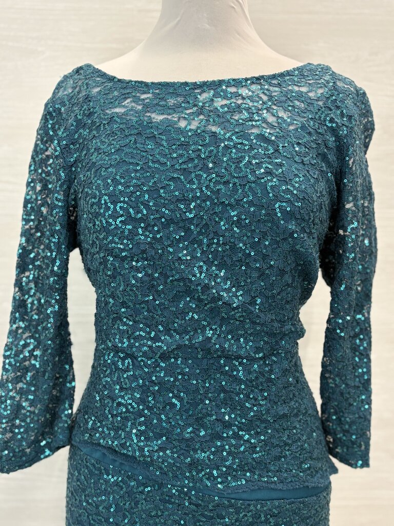 Marina Teal Sequin Lace Long Sleeve Short Formal Dress 20W