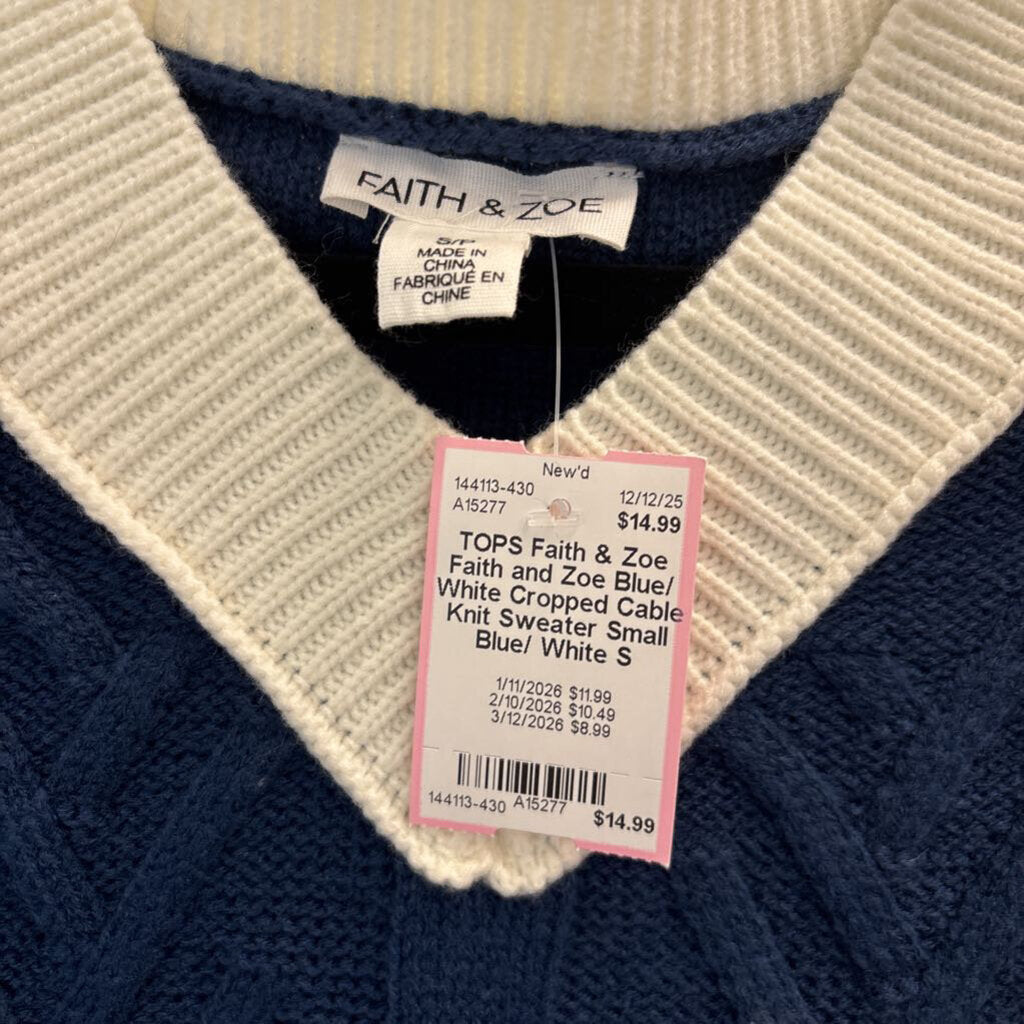 Faith and Zoe Blue/ White Cropped Cable Knit Sweater Small