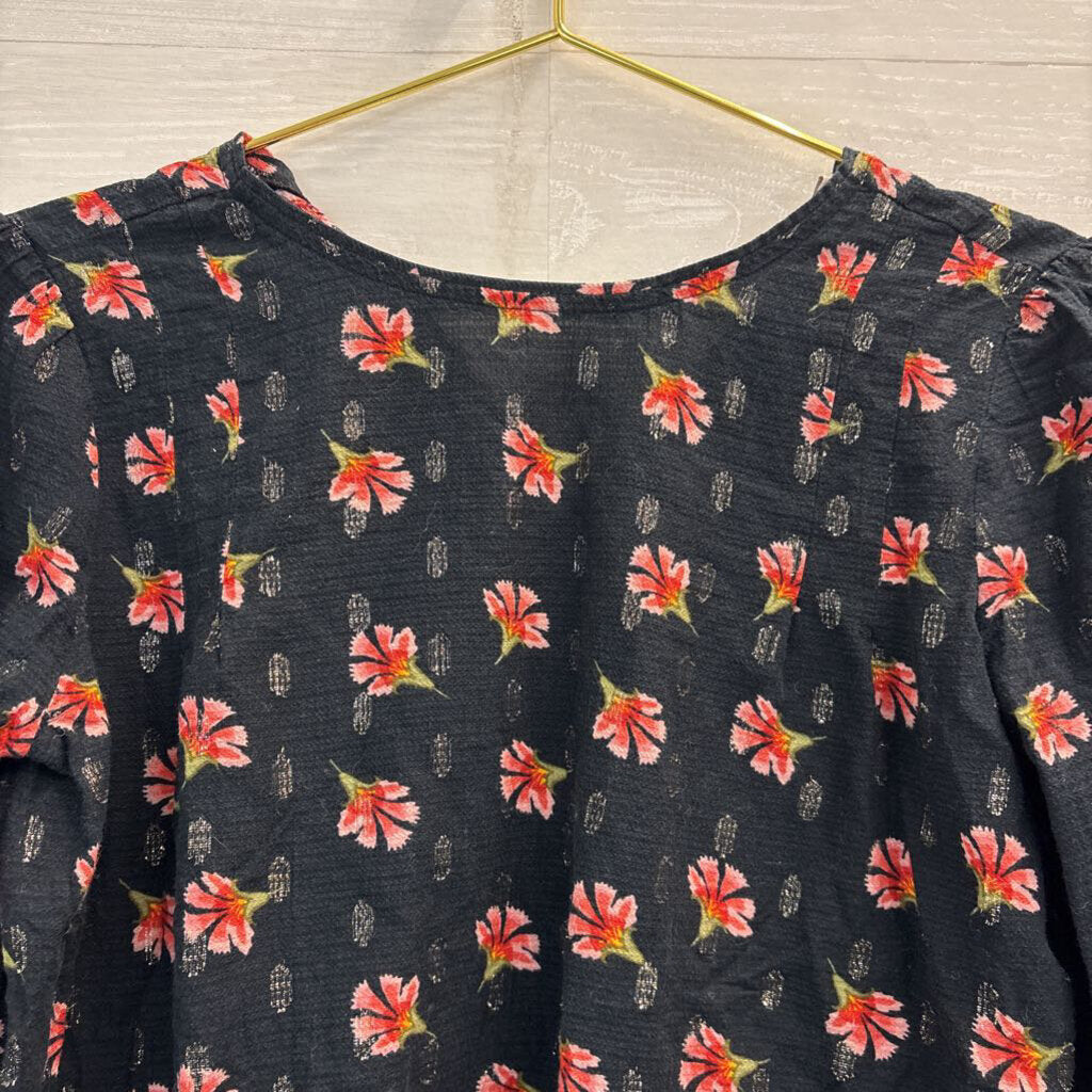 Loft Black/ Pink Floral Print Long Sleeve Top Extra Small
