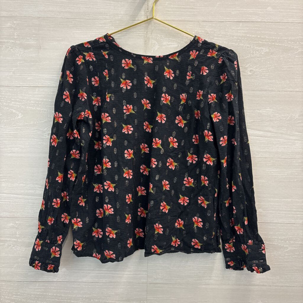 Loft Black/ Pink Floral Print Long Sleeve Top Extra Small