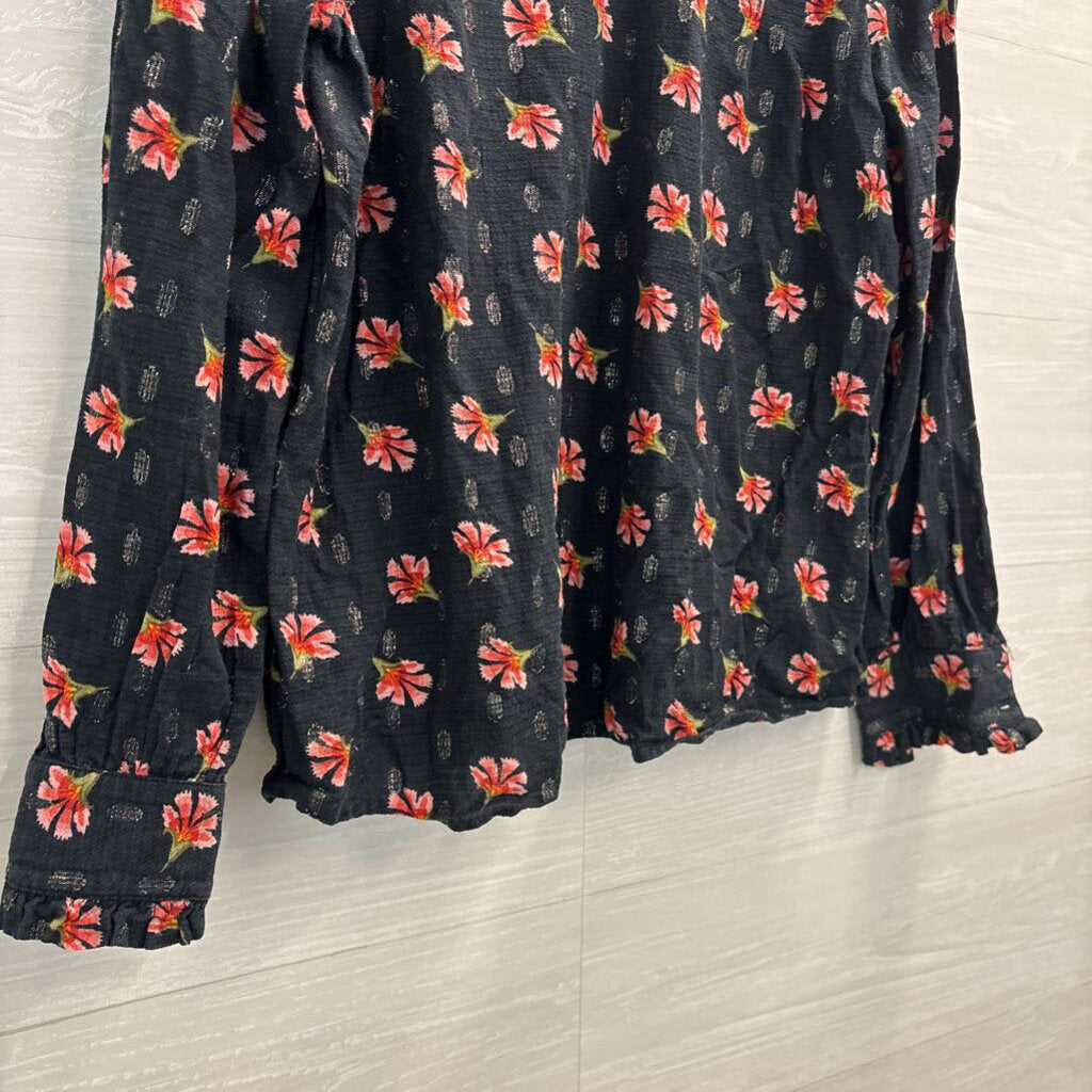 Loft Black/ Pink Floral Print Long Sleeve Top Extra Small
