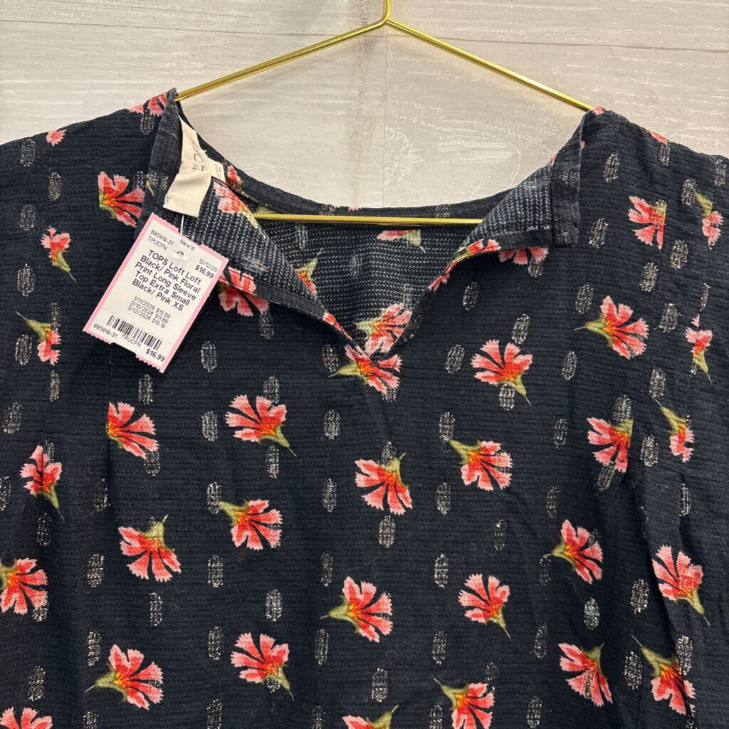 Loft Black/ Pink Floral Print Long Sleeve Top Extra Small