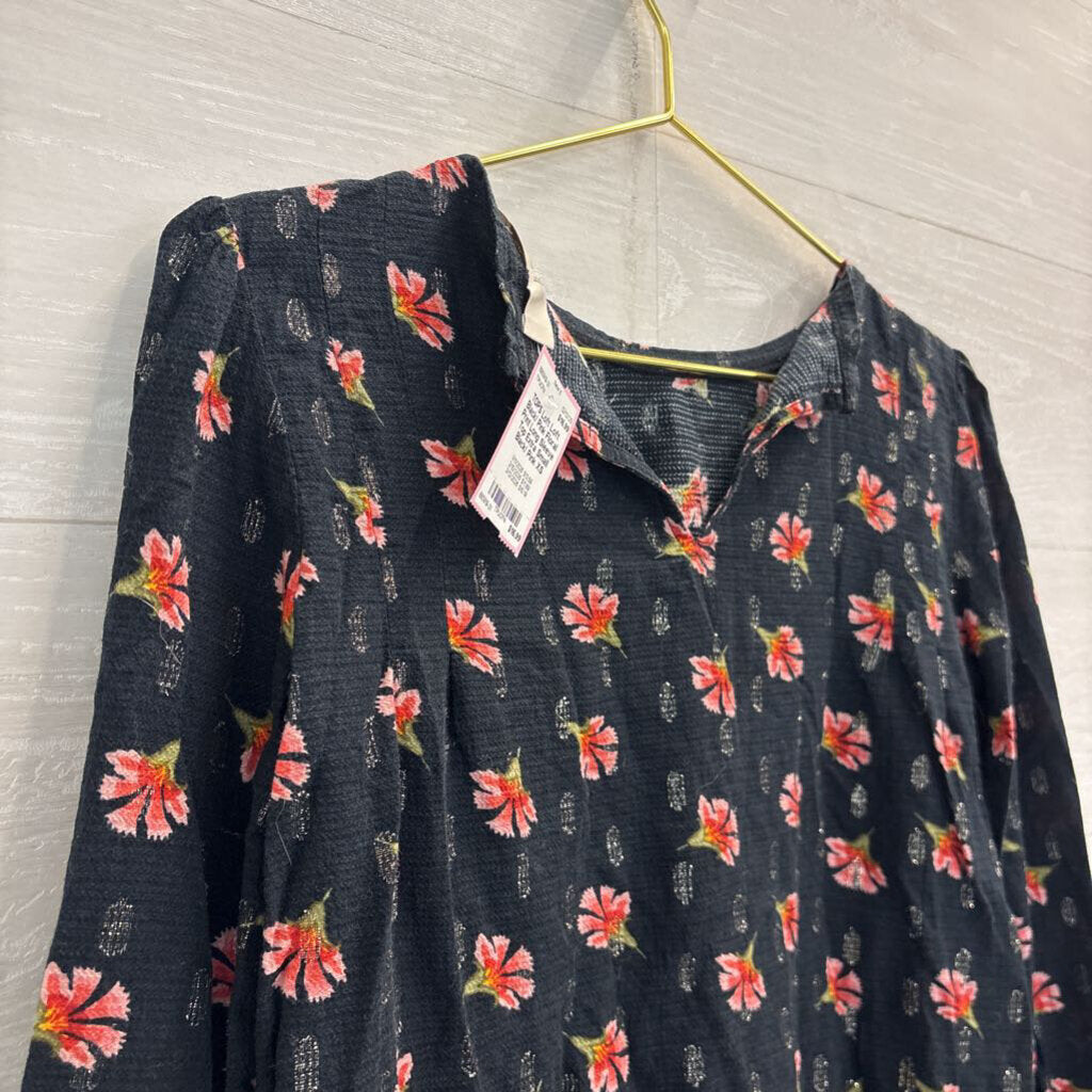 Loft Black/ Pink Floral Print Long Sleeve Top Extra Small
