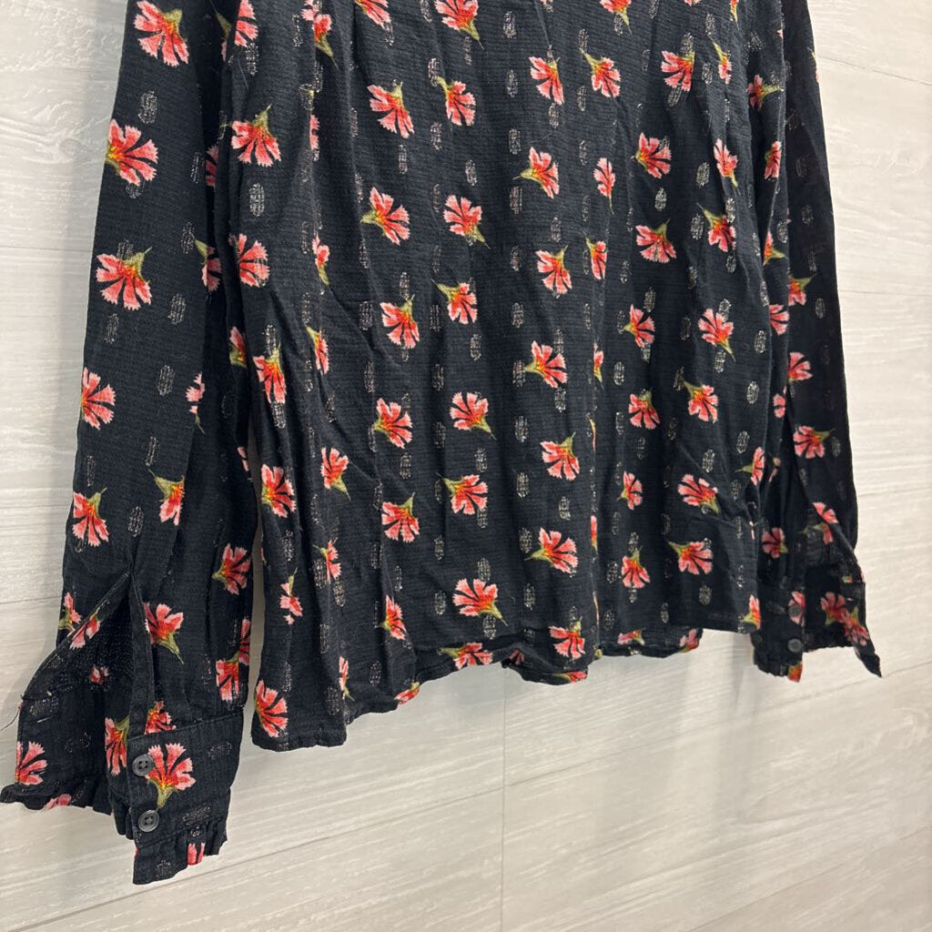 Loft Black/ Pink Floral Print Long Sleeve Top Extra Small