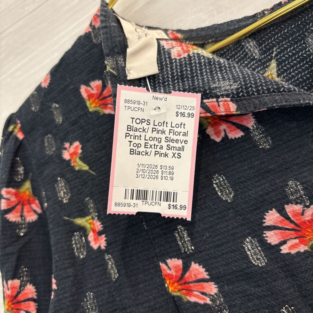 Loft Black/ Pink Floral Print Long Sleeve Top Extra Small
