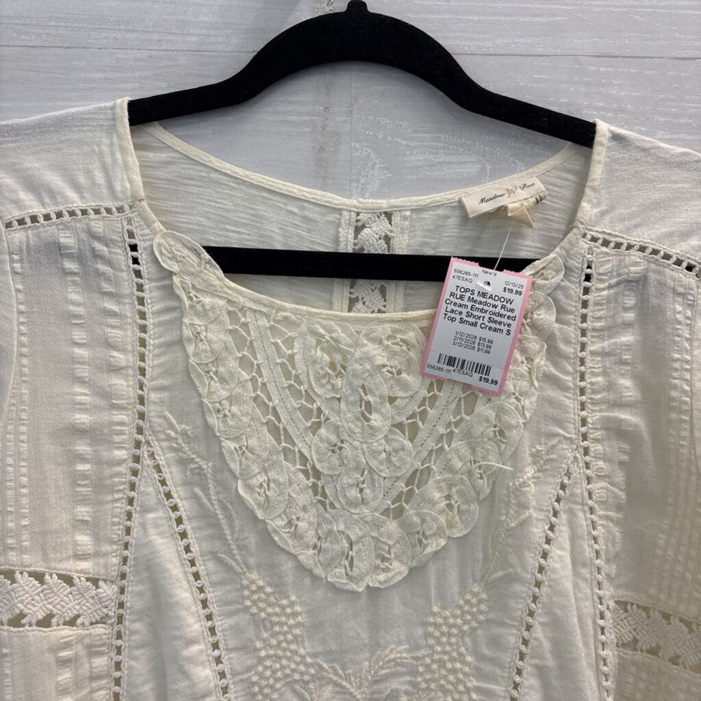Meadow Rue Cream Embroidered Lace Short Sleeve Top Small