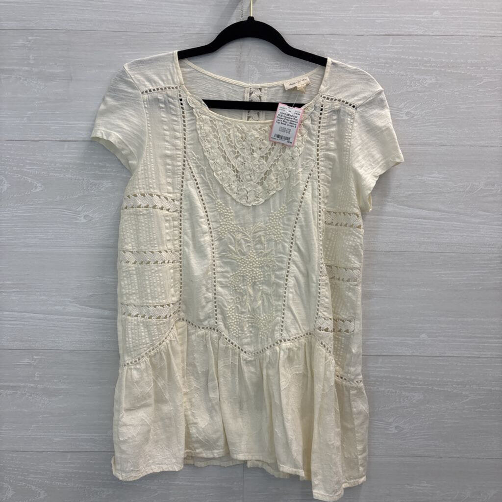 Meadow Rue Cream Embroidered Lace Short Sleeve Top Small