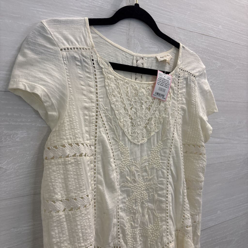 Meadow Rue Cream Embroidered Lace Short Sleeve Top Small