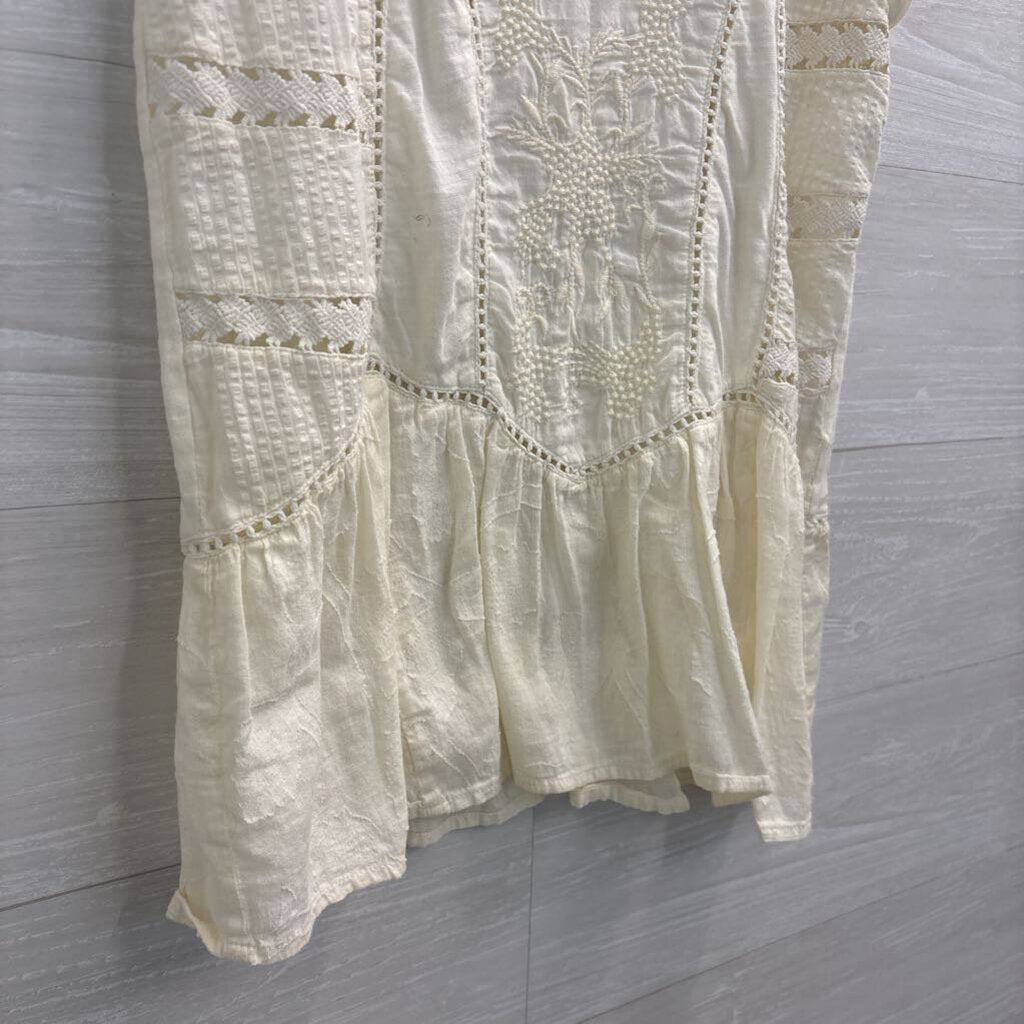 Meadow Rue Cream Embroidered Lace Short Sleeve Top Small