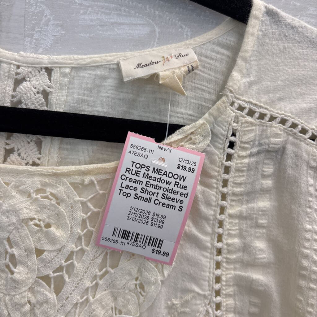 Meadow Rue Cream Embroidered Lace Short Sleeve Top Small