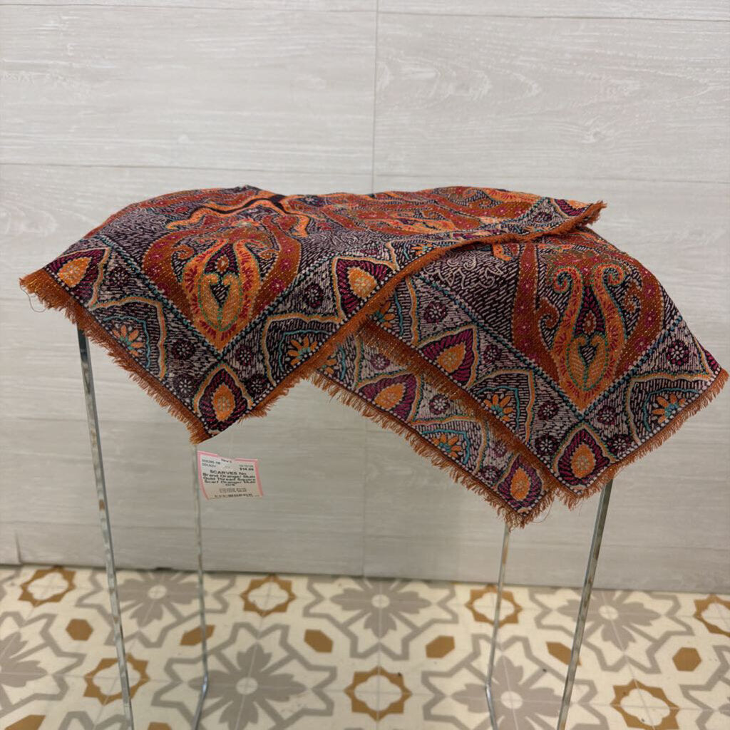 Orange/ Multi Gold Thread Square Scarf