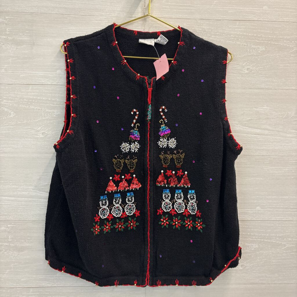 Vintage Kim Rogers Black/ Multi Beaded Christmas Sweater Vest Extra Large