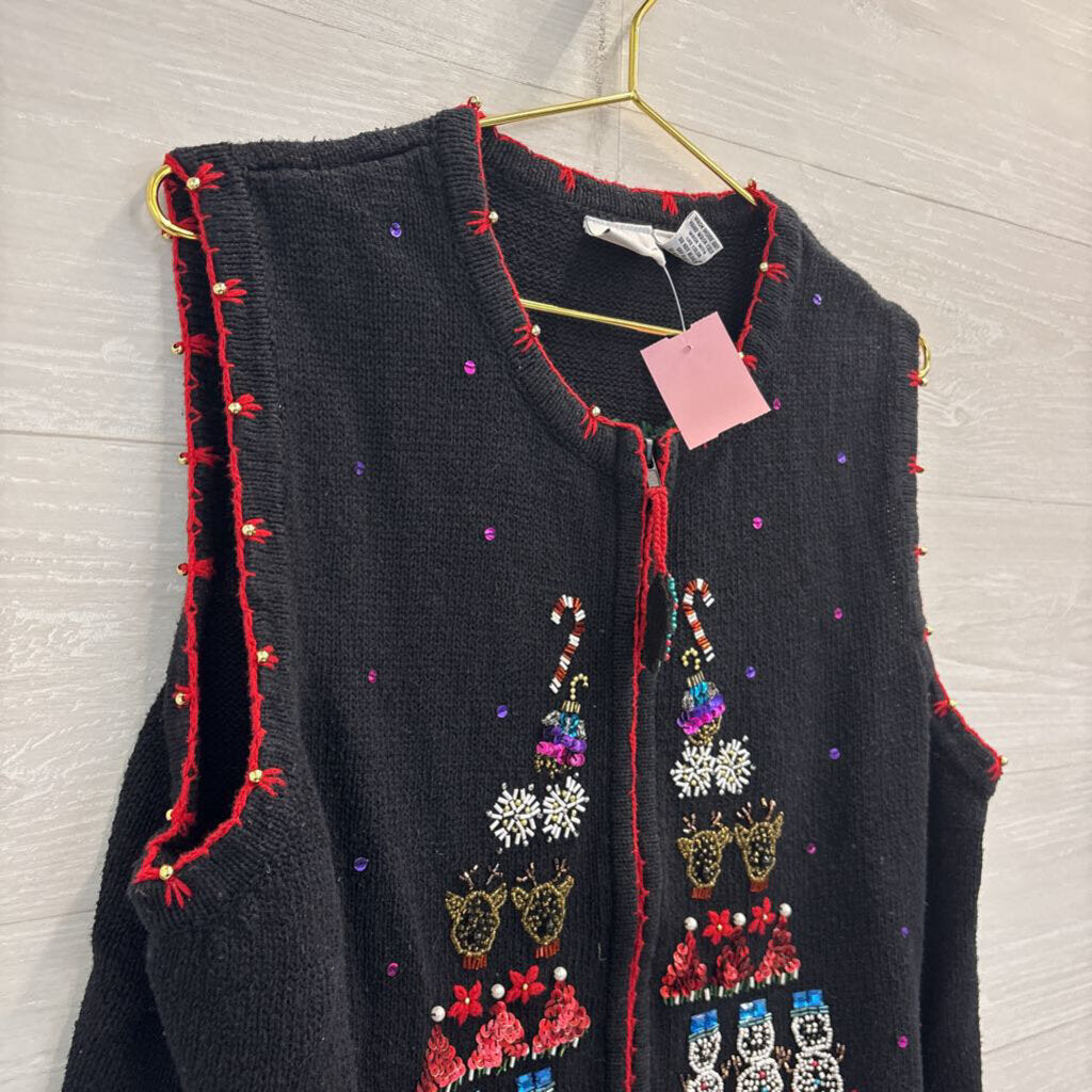 Vintage Kim Rogers Black/ Multi Beaded Christmas Sweater Vest Extra Large