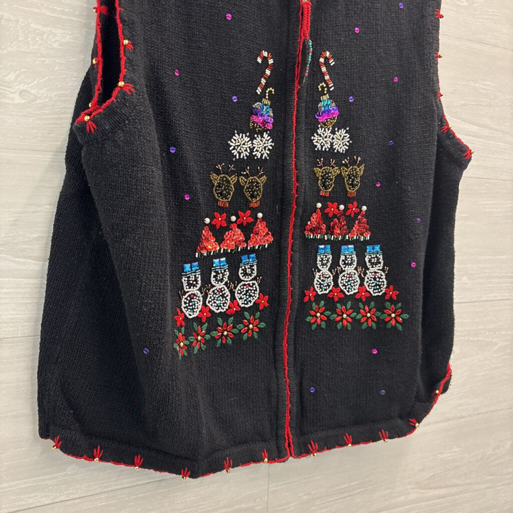 Vintage Kim Rogers Black/ Multi Beaded Christmas Sweater Vest Extra Large