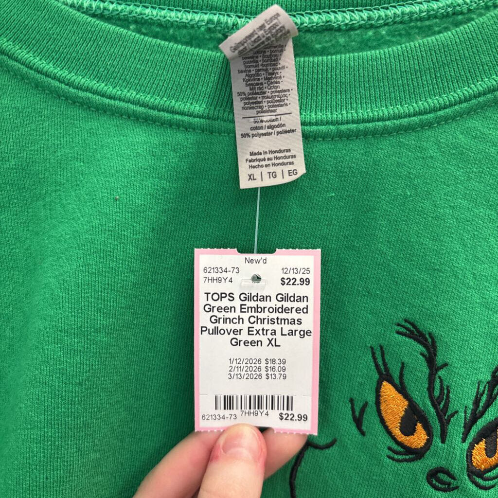 Gildan Green Embroidered Grinch Christmas Pullover Extra Large