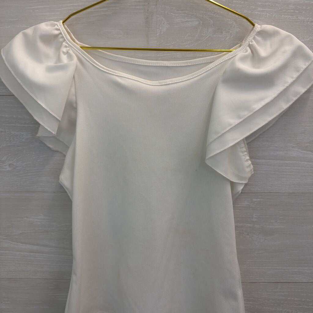 White Ribbed Short Flutter Sleeve Top Small