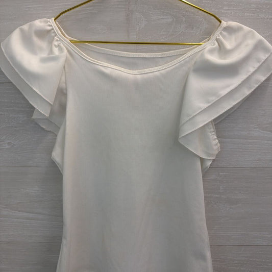 White Ribbed Short Flutter Sleeve Top Small