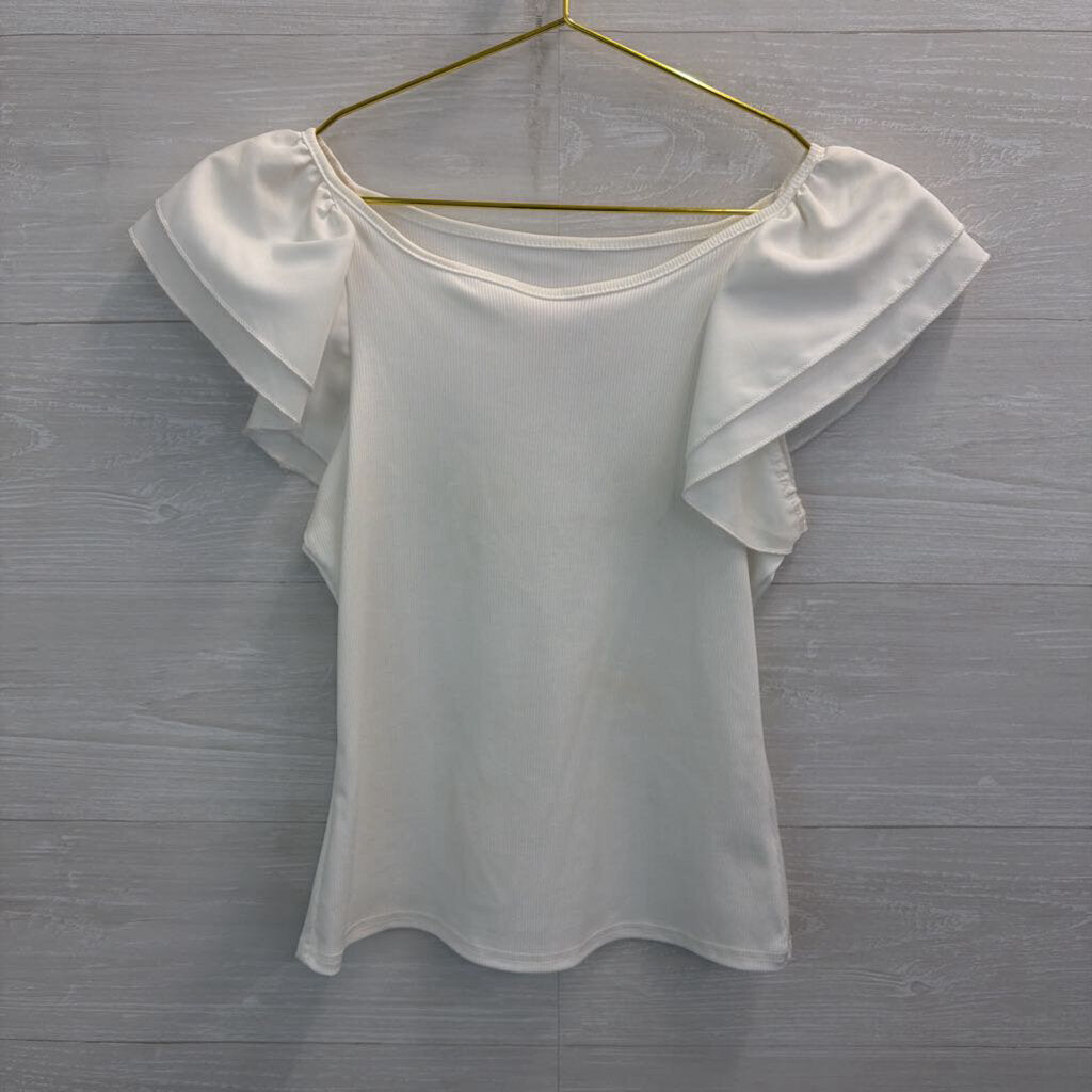 White Ribbed Short Flutter Sleeve Top Small