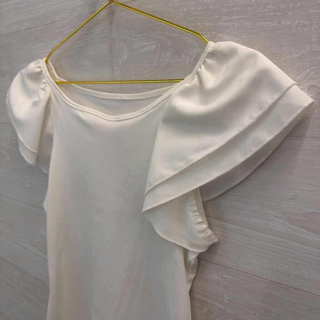 White Ribbed Short Flutter Sleeve Top Small