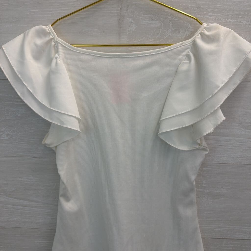 White Ribbed Short Flutter Sleeve Top Small